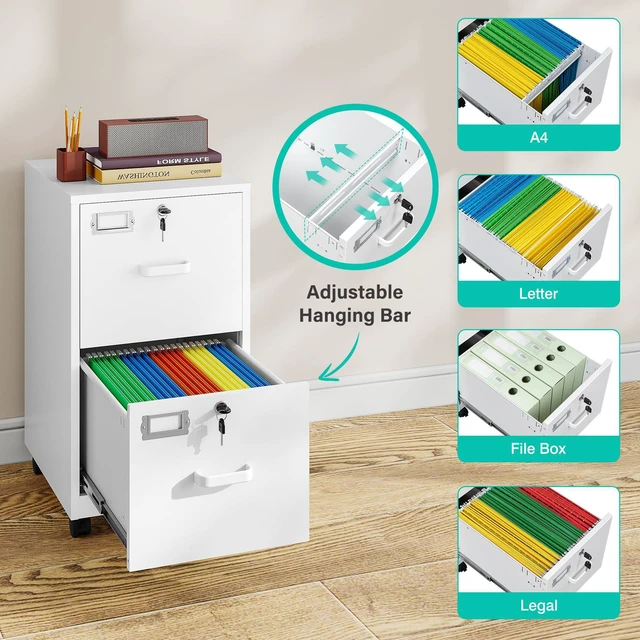 Alt view image 5 of 7 - 2 Drawer File Cabinet with Lock and Wheels,White Rolling File Cabinets,Locking Mobile Metal Filing Cabinet for Home Office,Under Desk,Fit A4/Letter/Legal File, Easy Assembly