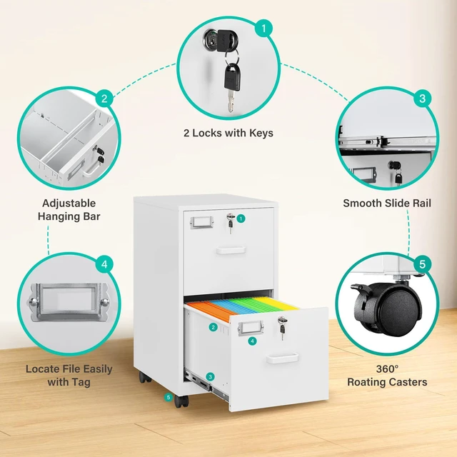 Alt view image 6 of 7 - 2 Drawer File Cabinet with Lock and Wheels,White Rolling File Cabinets,Locking Mobile Metal Filing Cabinet for Home Office,Under Desk,Fit A4/Letter/Legal File, Easy Assembly