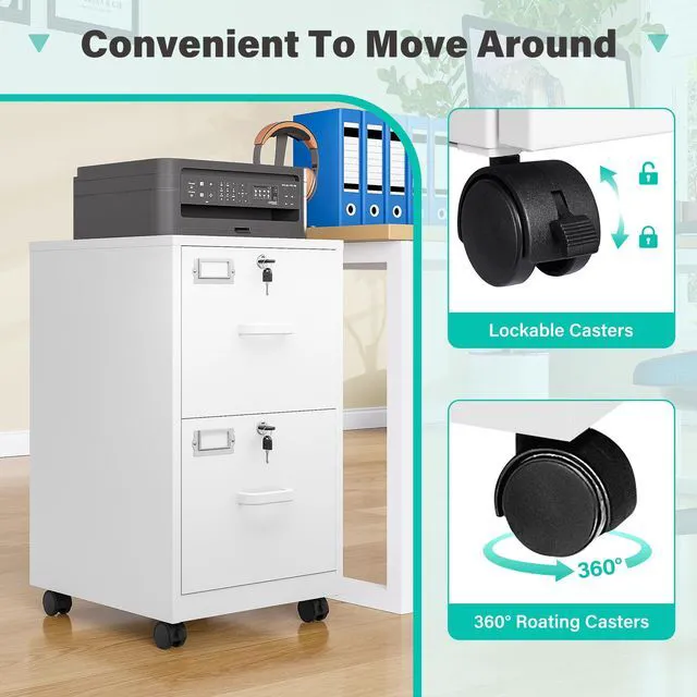 Alt view image 7 of 7 - 2 Drawer File Cabinet with Lock and Wheels,White Rolling File Cabinets,Locking Mobile Metal Filing Cabinet for Home Office,Under Desk,Fit A4/Letter/Legal File, Easy Assembly