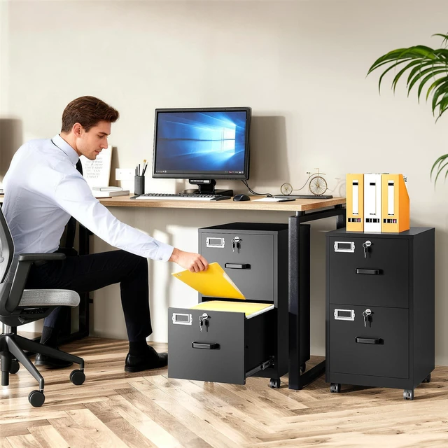 Alt view image 2 of 7 - 2 Drawer File Cabinet on Wheels,Metal Filing Cabinet with Lock,Black Rolling File Cabinets with Casters,Under Desk Office Cabinets for Home Office,Fit A4/Letter/Legal,Easy Assembly
