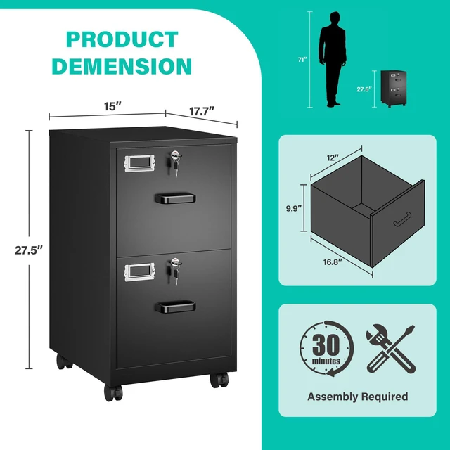 Alt view image 3 of 7 - 2 Drawer File Cabinet on Wheels,Metal Filing Cabinet with Lock,Black Rolling File Cabinets with Casters,Under Desk Office Cabinets for Home Office,Fit A4/Letter/Legal,Easy Assembly