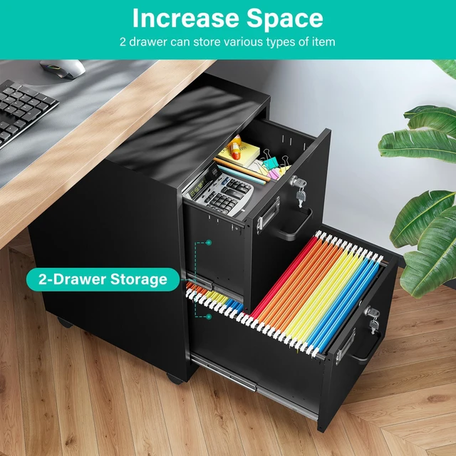 Alt view image 4 of 7 - 2 Drawer File Cabinet on Wheels,Metal Filing Cabinet with Lock,Black Rolling File Cabinets with Casters,Under Desk Office Cabinets for Home Office,Fit A4/Letter/Legal,Easy Assembly