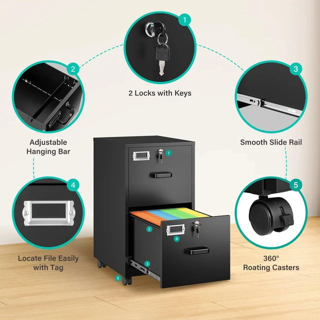 Alt view image 5 of 7 - 2 Drawer File Cabinet on Wheels,Metal Filing Cabinet with Lock,Black Rolling File Cabinets with Casters,Under Desk Office Cabinets for Home Office,Fit A4/Letter/Legal,Easy Assembly
