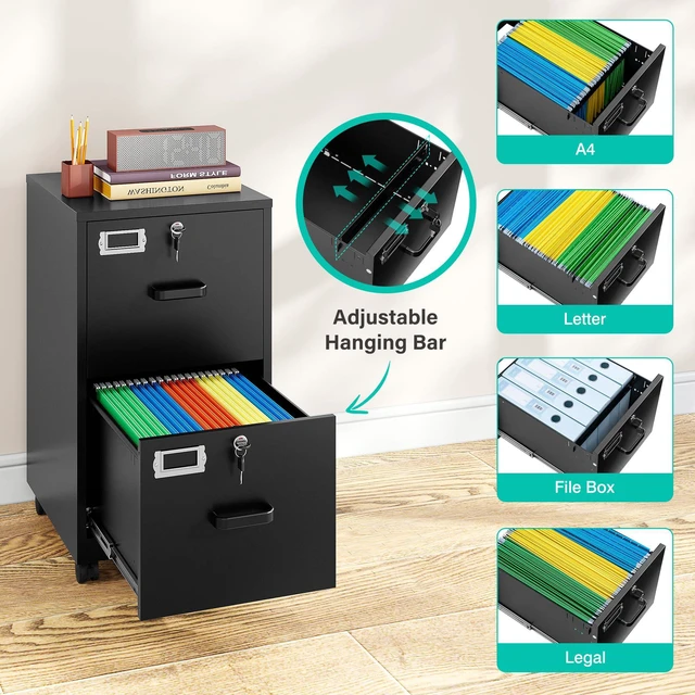 Alt view image 6 of 7 - 2 Drawer File Cabinet on Wheels,Metal Filing Cabinet with Lock,Black Rolling File Cabinets with Casters,Under Desk Office Cabinets for Home Office,Fit A4/Letter/Legal,Easy Assembly