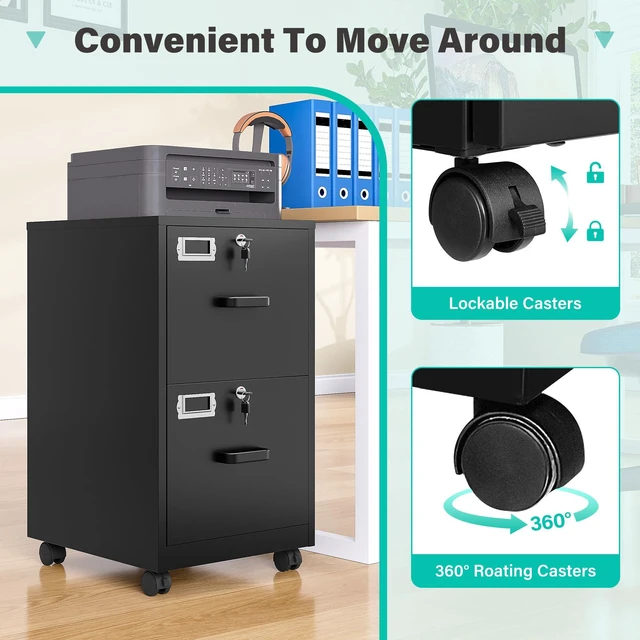 Alt view image 7 of 7 - 2 Drawer File Cabinet on Wheels,Metal Filing Cabinet with Lock,Black Rolling File Cabinets with Casters,Under Desk Office Cabinets for Home Office,Fit A4/Letter/Legal,Easy Assembly