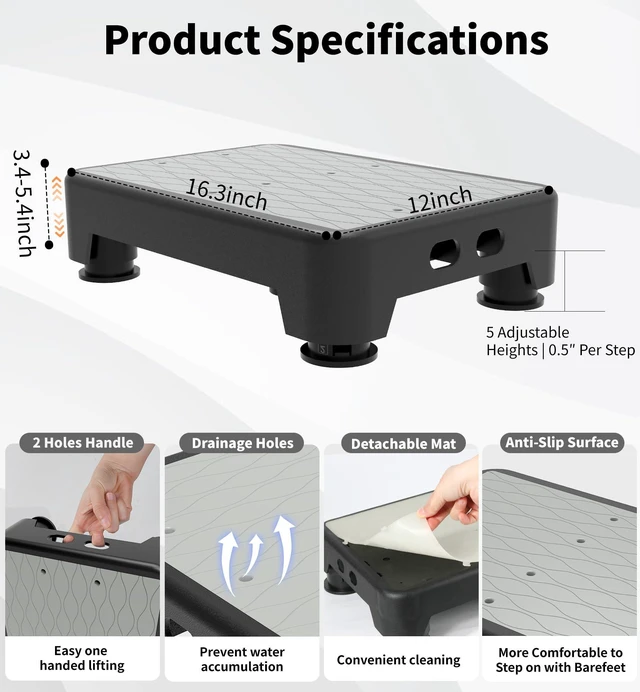 Alt view image 5 of 7 - 5-Level Adjustable Step Stool, 700 LBS Capacity Safety Bed Step for Seniors, Exercise Setp Platform, Portable Stair Assist for Elderly, Wide Step up for Kitchen, Car, Bedside & Shower, Grey