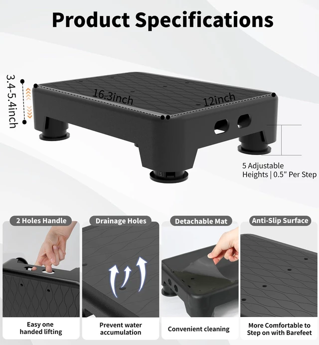 Alt view image 5 of 7 - 5-Level Adjustable Step Stool, 700 LBS Capacity Safety Bed Step for Seniors, Exercise Setp Platform, Portable Stair Assist for Elderly, Wide Step up for Kitchen, Car, Bedside & Shower, Black