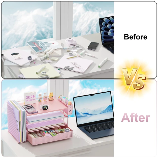 Alt view image 2 of 7 - Wood Desk Organizers and Accessories with File Holder, 4-Tier Desk Accessories & Workspace Organizers with Drawer and Pen Holder, Desk Reference Organizer (Pink, 4T with Drawer)