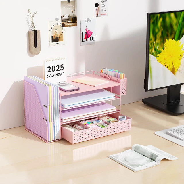 Alt view image 3 of 7 - Wood Desk Organizers and Accessories with File Holder, 4-Tier Desk Accessories & Workspace Organizers with Drawer and Pen Holder, Desk Reference Organizer (Pink, 4T with Drawer)