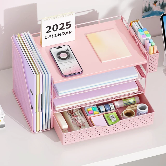 Alt view image 6 of 7 - Wood Desk Organizers and Accessories with File Holder, 4-Tier Desk Accessories & Workspace Organizers with Drawer and Pen Holder, Desk Reference Organizer (Pink, 4T with Drawer)