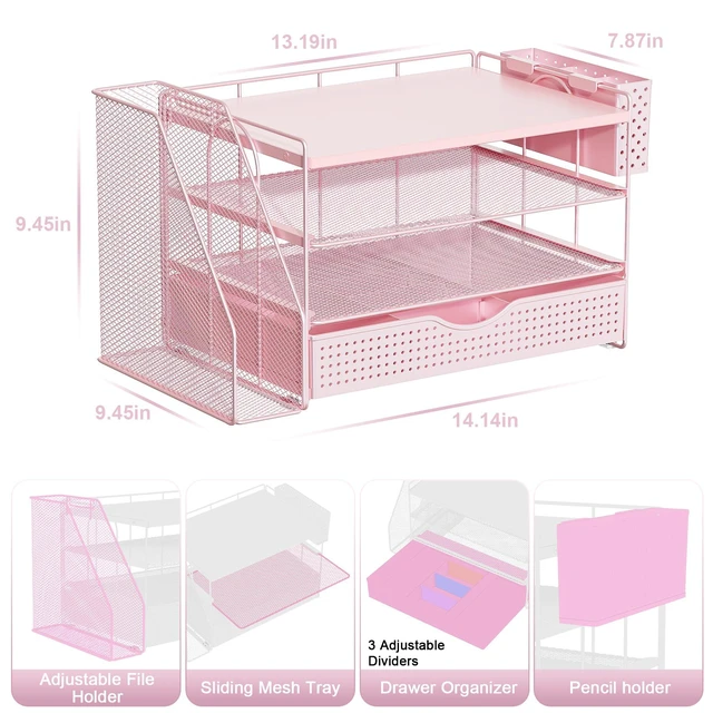 Alt view image 4 of 7 - Wood Desk Organizers and Accessories with File Holder, 4-Tier Desk Accessories & Workspace Organizers with Drawer and Pen Holder, Desk Reference Organizer (Pink, 4T with Drawer)