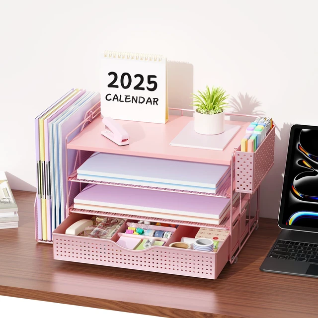 Alt view image 5 of 7 - Wood Desk Organizers and Accessories with File Holder, 4-Tier Desk Accessories & Workspace Organizers with Drawer and Pen Holder, Desk Reference Organizer (Pink, 4T with Drawer)