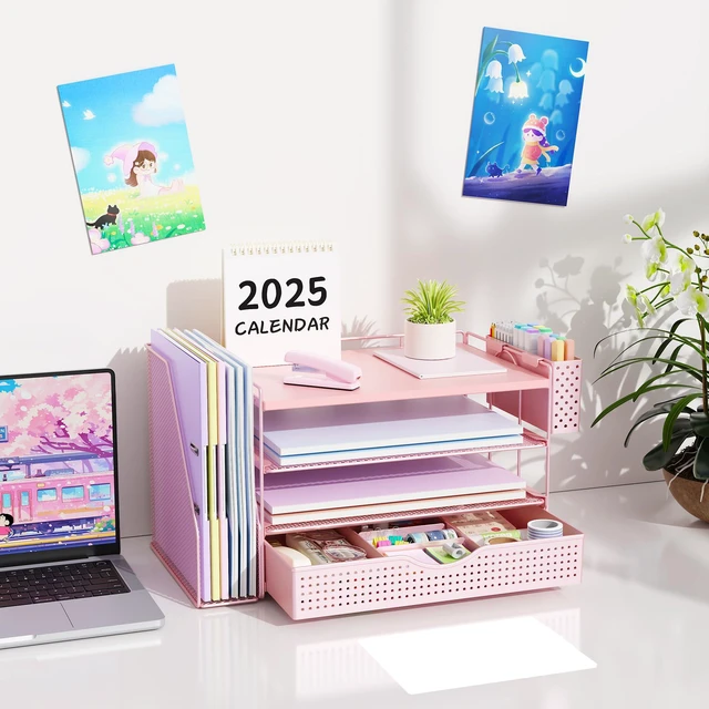 Alt view image 7 of 7 - Wood Desk Organizers and Accessories with File Holder, 4-Tier Desk Accessories & Workspace Organizers with Drawer and Pen Holder, Desk Reference Organizer (Pink, 4T with Drawer)