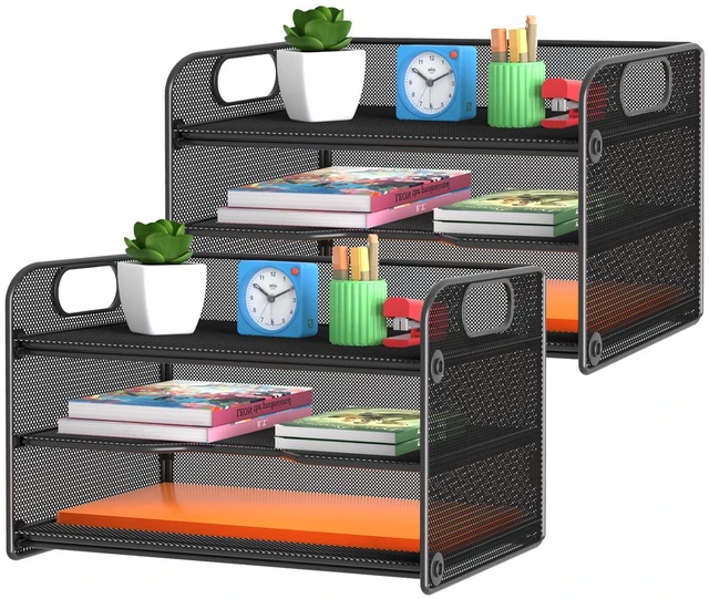 Main image of 2 Pack 3 Tier Letter Tray Paper Organizer with Handle, Mesh Desk Organizer Paper Sorter File Rack Shelves, Black