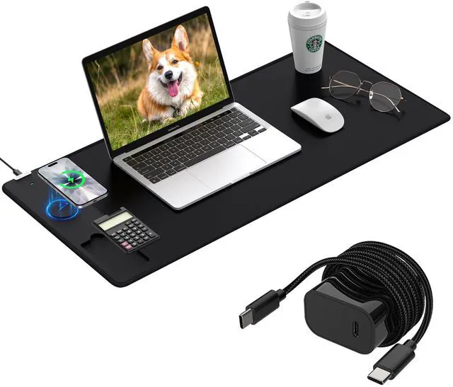 Main image of Mouse Pad 31.5x15.75 Inch with Calculator, 15W Magnetic Wireless Charging Desk Mat, XXL Desk Pad, Home Office Large Keyboard Pad with Ultra-Smooth Surface, Non-Slip Base (Black with 20W PD Charger)