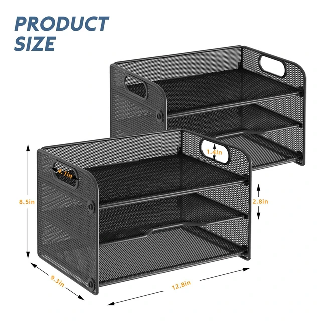 Alt view image 6 of 6 - 2 Pack 3 Tier Letter Tray Paper Organizer with Handle, Mesh Desk Organizer Paper Sorter File Rack Shelves, Black