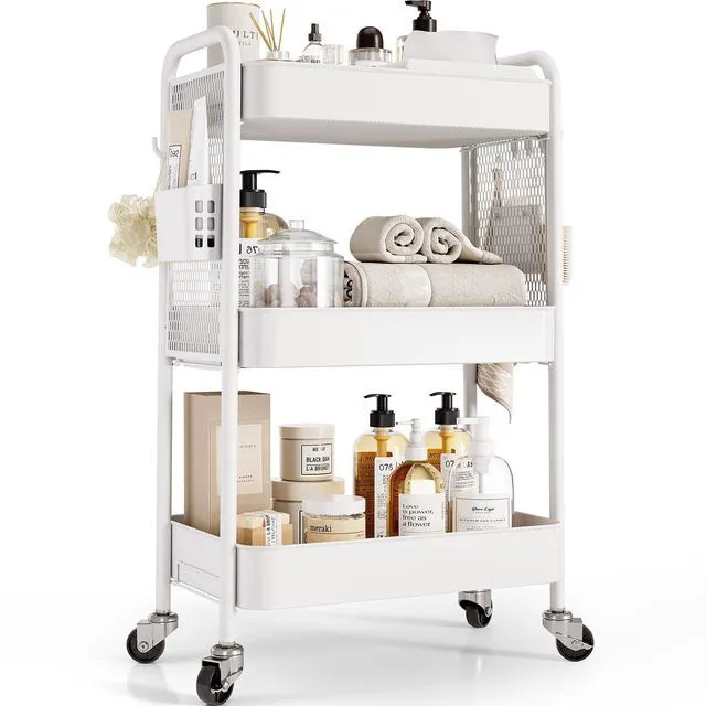 Main image of 3 Tier Rolling Cart, Metal Utility Storage Cart with Pegboard, White | 2 Bins & 4 Hooks, Screwless Assembly, Lockable Wheels, Trolley Organizer for Bathroom, Kitchen, Office, Dorm, Craft Room