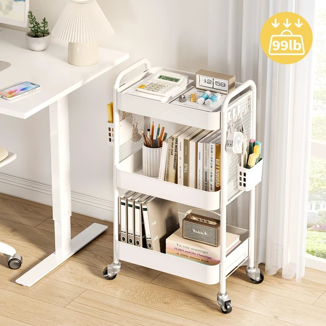 Alt view image 2 of 7 - 3 Tier Rolling Cart, Metal Utility Storage Cart with Pegboard, White | 2 Bins & 4 Hooks, Screwless Assembly, Lockable Wheels, Trolley Organizer for Bathroom, Kitchen, Office, Dorm, Craft Room