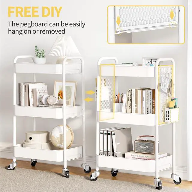 Alt view image 3 of 7 - 3 Tier Rolling Cart, Metal Utility Storage Cart with Pegboard, White | 2 Bins & 4 Hooks, Screwless Assembly, Lockable Wheels, Trolley Organizer for Bathroom, Kitchen, Office, Dorm, Craft Room