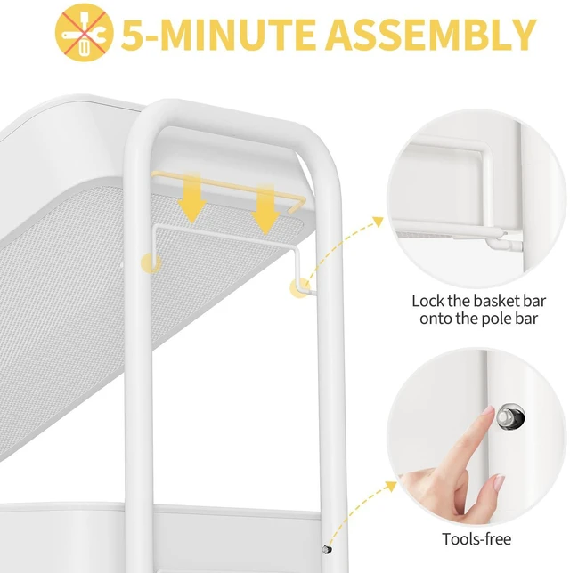 Alt view image 4 of 7 - 3 Tier Rolling Cart, Metal Utility Storage Cart with Pegboard, White | 2 Bins & 4 Hooks, Screwless Assembly, Lockable Wheels, Trolley Organizer for Bathroom, Kitchen, Office, Dorm, Craft Room