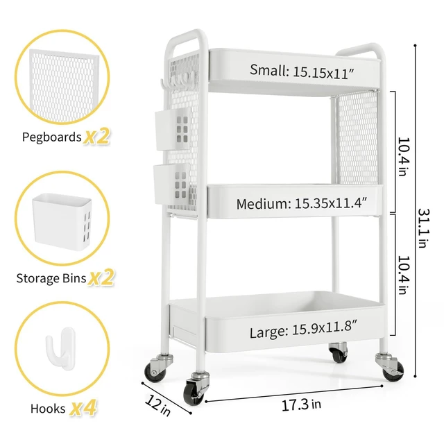 Alt view image 6 of 7 - 3 Tier Rolling Cart, Metal Utility Storage Cart with Pegboard, White | 2 Bins & 4 Hooks, Screwless Assembly, Lockable Wheels, Trolley Organizer for Bathroom, Kitchen, Office, Dorm, Craft Room