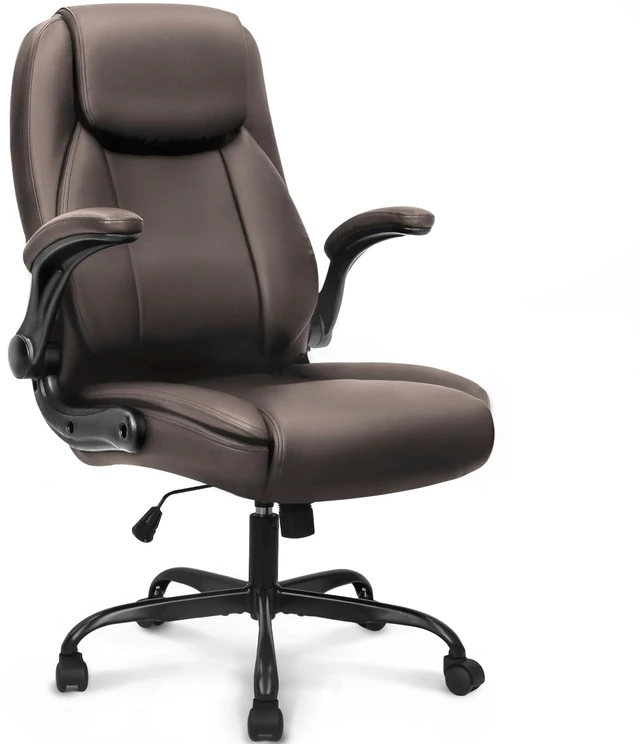 Main image of Office Desk Chair, High Back PU Leather with Flip-up Arms, Brown Ergonomic Tall Computer Desk Chair Comfy, Height Adjustable, Swivel Rolling Wheels for Office Home Gaming Study