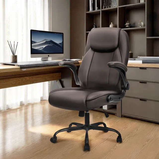 Alt view image 2 of 7 - Office Desk Chair, High Back PU Leather with Flip-up Arms, Brown Ergonomic Tall Computer Desk Chair Comfy, Height Adjustable, Swivel Rolling Wheels for Office Home Gaming Study