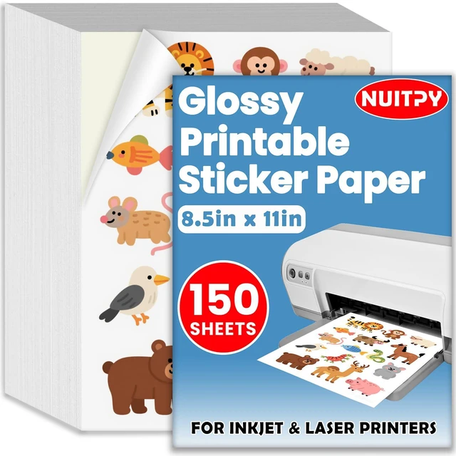 Main image of 150 Sheets Glossy Sticker Paper, 8.5in x 11in Printable Sticker Paper Self-adhesive Sticker Papers for Inkjet & Laser Printer, Vibrant Colors, Dries Quickly, US Letter Size