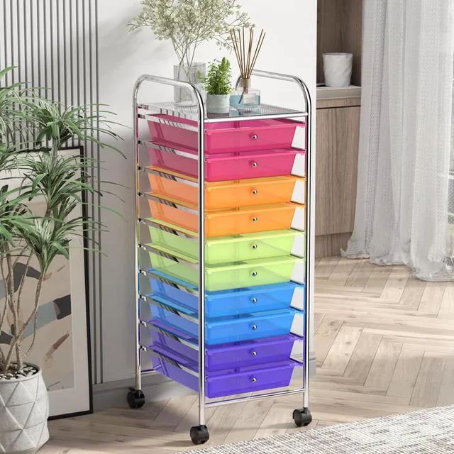 Alt view image 2 of 7 - Storage Cart, Rolling Utility Cart with 10 Drawers, Portable Handles & Lockable Wheels, Mobile Paper Toys Storage Organizer Large Capacity for Home Office School Teacher (Rainbow)