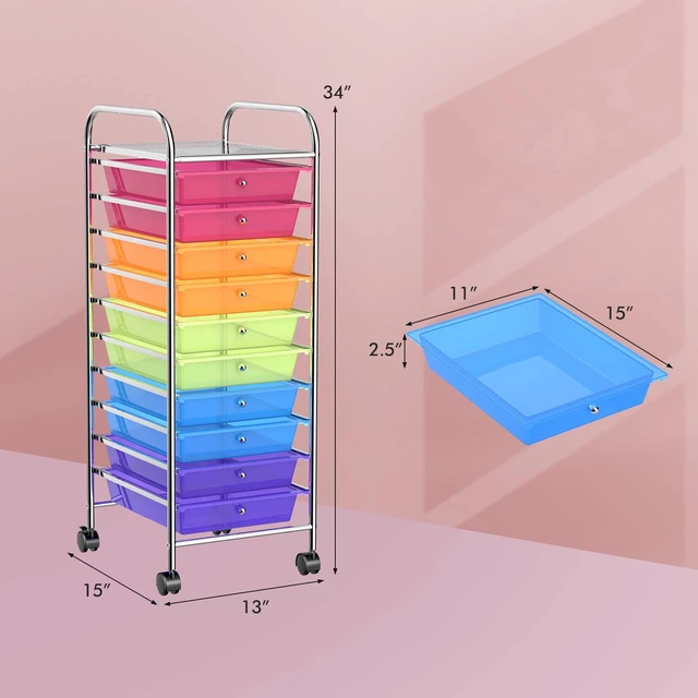 Alt view image 3 of 7 - Storage Cart, Rolling Utility Cart with 10 Drawers, Portable Handles & Lockable Wheels, Mobile Paper Toys Storage Organizer Large Capacity for Home Office School Teacher (Rainbow)