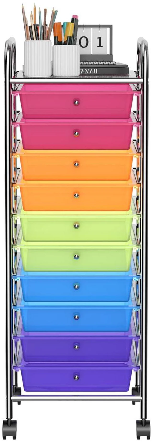 Main image of Storage Cart, Rolling Utility Cart with 10 Drawers, Portable Handles & Lockable Wheels, Mobile Paper Toys Storage Organizer Large Capacity for Home Office School Teacher (Rainbow)
