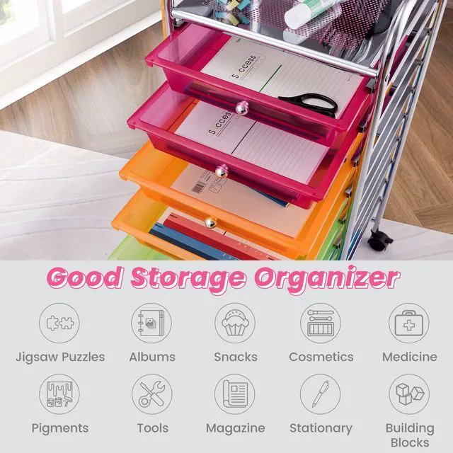 Alt view image 5 of 7 - Storage Cart, Rolling Utility Cart with 10 Drawers, Portable Handles & Lockable Wheels, Mobile Paper Toys Storage Organizer Large Capacity for Home Office School Teacher (Rainbow)