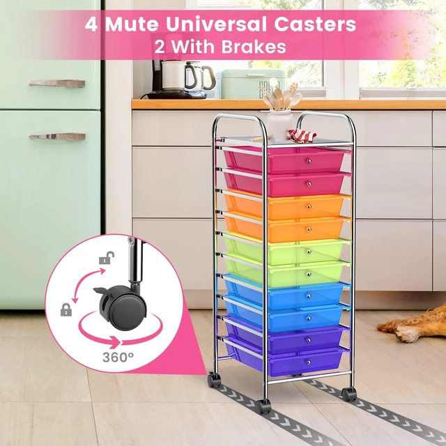 Alt view image 6 of 7 - Storage Cart, Rolling Utility Cart with 10 Drawers, Portable Handles & Lockable Wheels, Mobile Paper Toys Storage Organizer Large Capacity for Home Office School Teacher (Rainbow)
