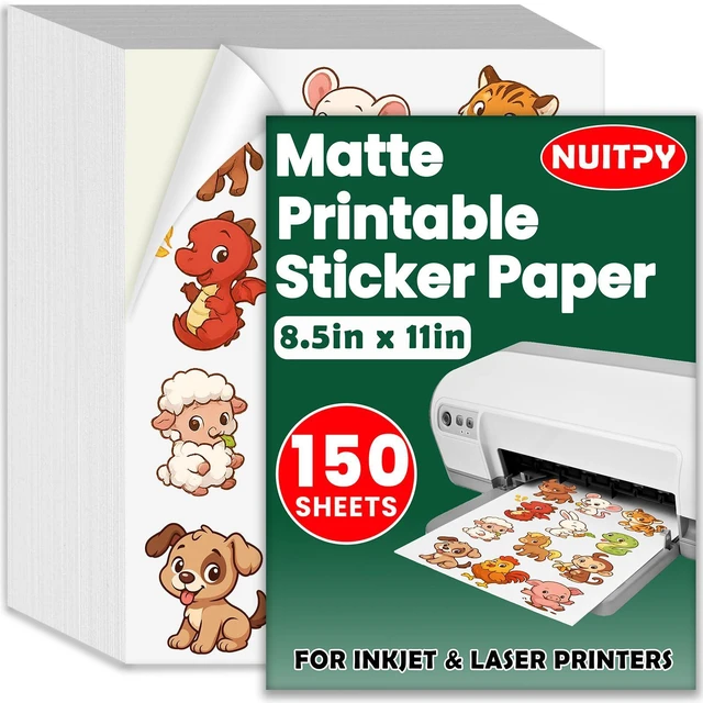 Main image of 150 Sheets Matte Sticker Paper, 8.5in x 11in Printable Sticker Paper Self-adhesive Sticker Papers for Inkjet & Laser Printer, Vibrant Colors, Dries Quickly, US Letter Size