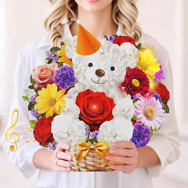 Main image of Birthday Card with MUSIC & LIGHTS, 3D Pop Up Bear Bouquet For Women 10 Inch Life Size, Play Birthday Song, Lights Dance, Paper Forever Flower, Musical Birthday Cards/Gift For Mom Wife Mother
