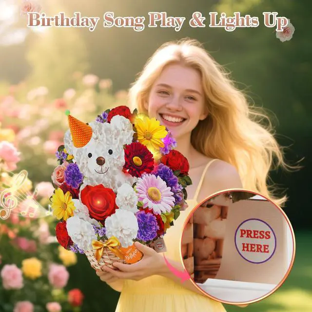 Alt view image 2 of 7 - Birthday Card with MUSIC & LIGHTS, 3D Pop Up Bear Bouquet For Women 10 Inch Life Size, Play Birthday Song, Lights Dance, Paper Forever Flower, Musical Birthday Cards/Gift For Mom Wife Mother