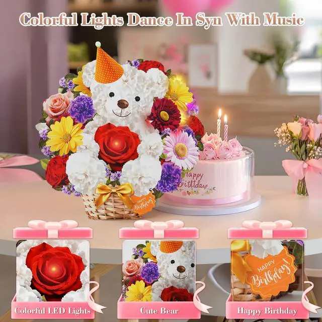 Alt view image 3 of 7 - Birthday Card with MUSIC & LIGHTS, 3D Pop Up Bear Bouquet For Women 10 Inch Life Size, Play Birthday Song, Lights Dance, Paper Forever Flower, Musical Birthday Cards/Gift For Mom Wife Mother