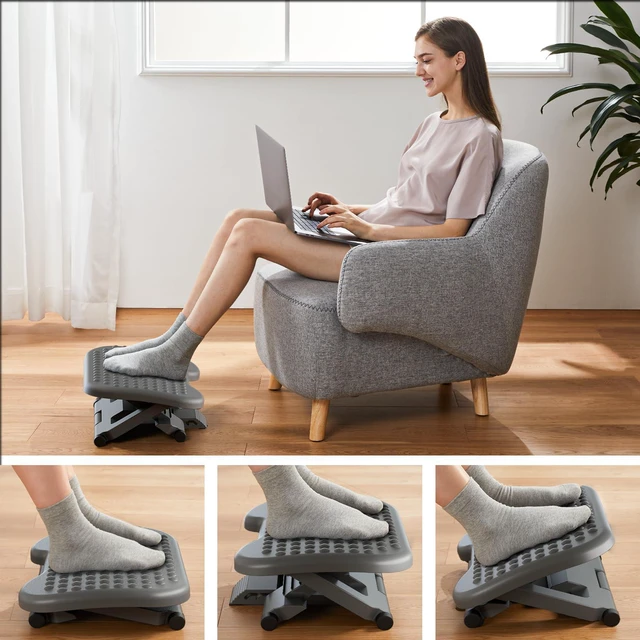 Alt view image 5 of 7 - Adjustable Foot Rest for Under Desk with 3 Height Position, Gray 18×13 inch platform, massage texture, ±30° tilt, large non-skid surface, pre-assembled for use, washable and odorless