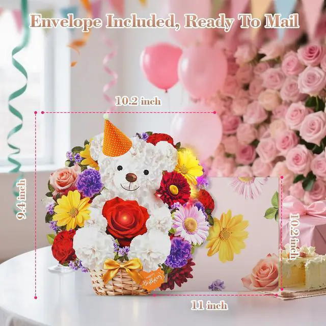 Alt view image 7 of 7 - Birthday Card with MUSIC & LIGHTS, 3D Pop Up Bear Bouquet For Women 10 Inch Life Size, Play Birthday Song, Lights Dance, Paper Forever Flower, Musical Birthday Cards/Gift For Mom Wife Mother