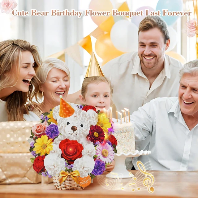 Alt view image 5 of 7 - Birthday Card with MUSIC & LIGHTS, 3D Pop Up Bear Bouquet For Women 10 Inch Life Size, Play Birthday Song, Lights Dance, Paper Forever Flower, Musical Birthday Cards/Gift For Mom Wife Mother