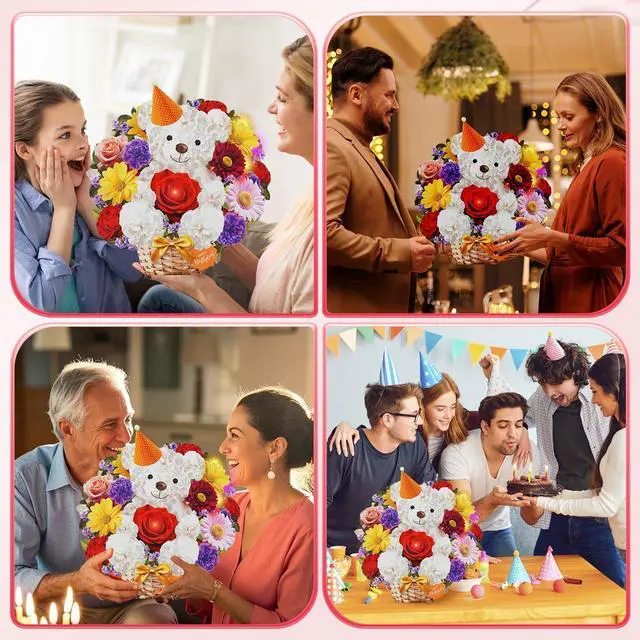 Alt view image 6 of 7 - Birthday Card with MUSIC & LIGHTS, 3D Pop Up Bear Bouquet For Women 10 Inch Life Size, Play Birthday Song, Lights Dance, Paper Forever Flower, Musical Birthday Cards/Gift For Mom Wife Mother