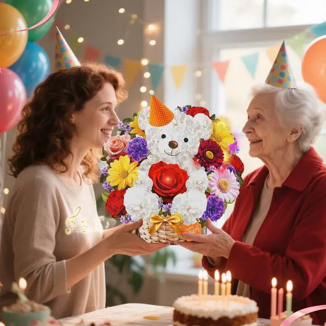 Alt view image 4 of 7 - Birthday Card with MUSIC & LIGHTS, 3D Pop Up Bear Bouquet For Women 10 Inch Life Size, Play Birthday Song, Lights Dance, Paper Forever Flower, Musical Birthday Cards/Gift For Mom Wife Mother