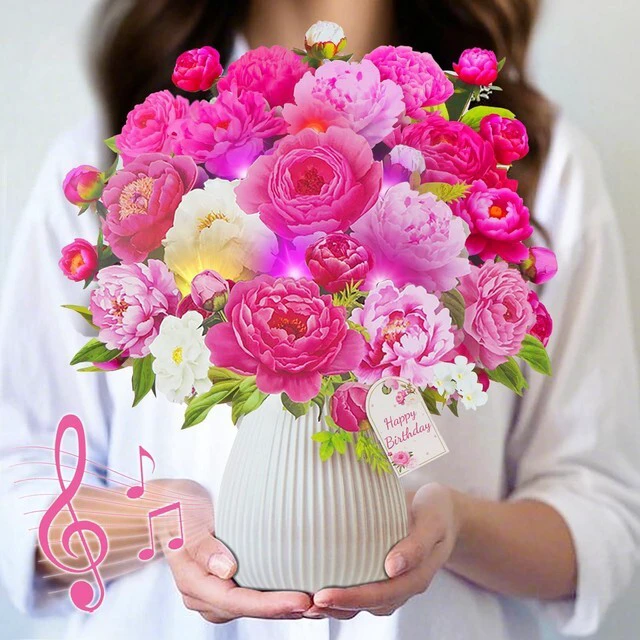 Main image of Birthday Cards with MUSIC LIGHTS, 3D Pop Up Penoy Bouquet For Women 10 Inch Life Size, Play Birthday Song, Lights Dance, Paper Forever Flower, Musical Birthday Card Gift For Mom Grandma Wife