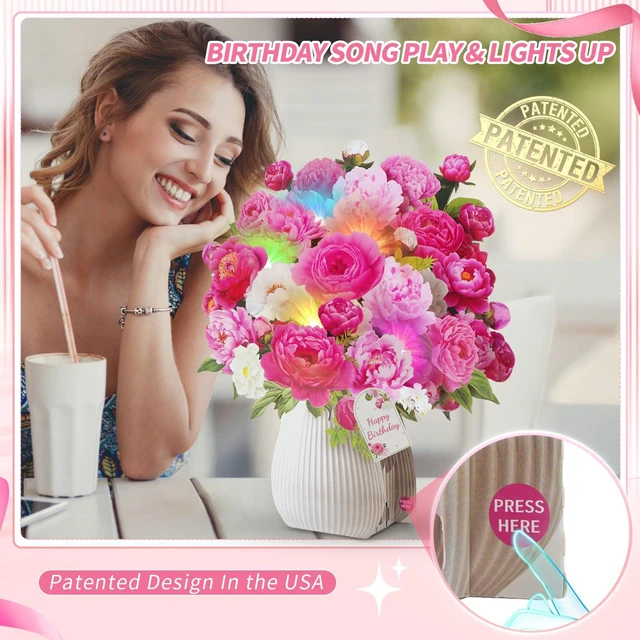 Alt view image 2 of 7 - Birthday Cards with MUSIC LIGHTS, 3D Pop Up Penoy Bouquet For Women 10 Inch Life Size, Play Birthday Song, Lights Dance, Paper Forever Flower, Musical Birthday Card Gift For Mom Grandma Wife