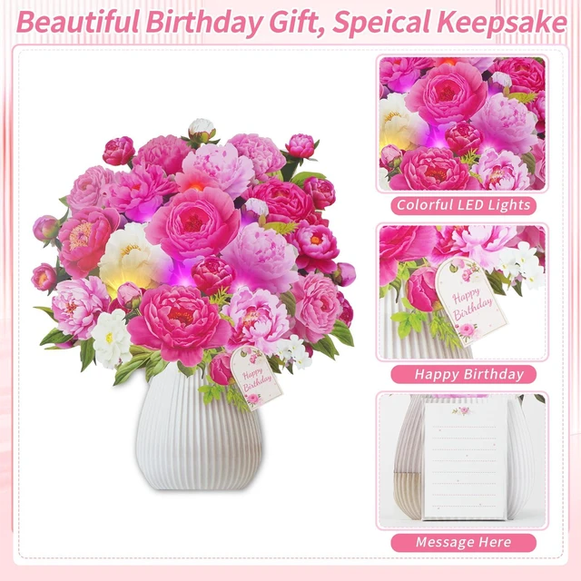 Alt view image 4 of 7 - Birthday Cards with MUSIC LIGHTS, 3D Pop Up Penoy Bouquet For Women 10 Inch Life Size, Play Birthday Song, Lights Dance, Paper Forever Flower, Musical Birthday Card Gift For Mom Grandma Wife
