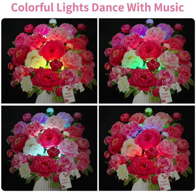 Alt view image 3 of 7 - Birthday Cards with MUSIC LIGHTS, 3D Pop Up Penoy Bouquet For Women 10 Inch Life Size, Play Birthday Song, Lights Dance, Paper Forever Flower, Musical Birthday Card Gift For Mom Grandma Wife