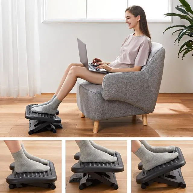Alt view image 5 of 7 - Adjustable Foot Rest for Under Desk with Massage Surface and Tilt 3 height positions, large non-skid platform, pre-assembled foot stool for work, study and home office, ergonomic leg support