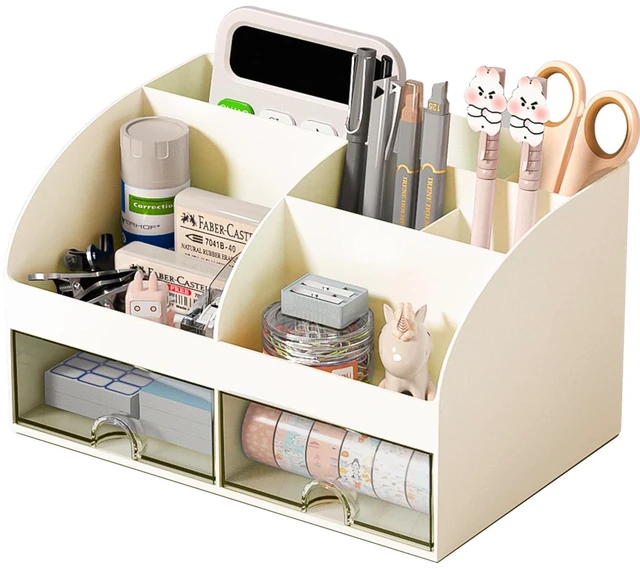 Main image of Desk Organizer with 6 Compartments and 2 Drawers, Plastic Makeup Organizer, Pen Holder for Desktop Storage, Desk Organization for School, Home, Office Supplies (Ivory)