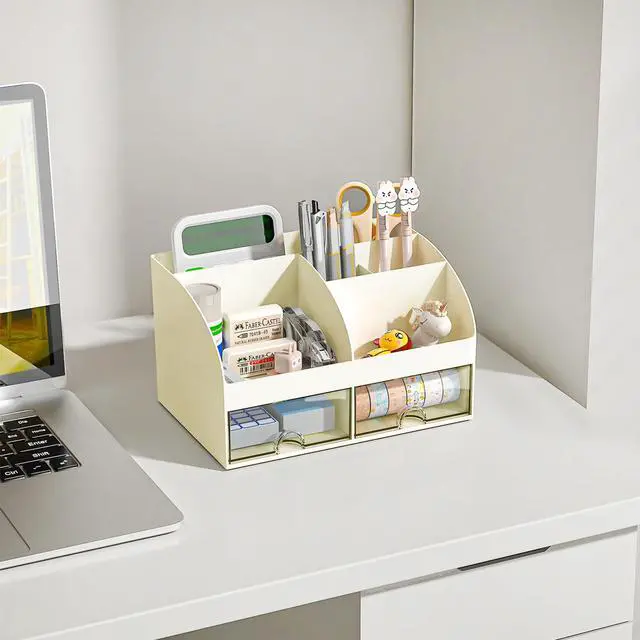 Alt view image 2 of 6 - Desk Organizer with 6 Compartments and 2 Drawers, Plastic Makeup Organizer, Pen Holder for Desktop Storage, Desk Organization for School, Home, Office Supplies (Ivory)
