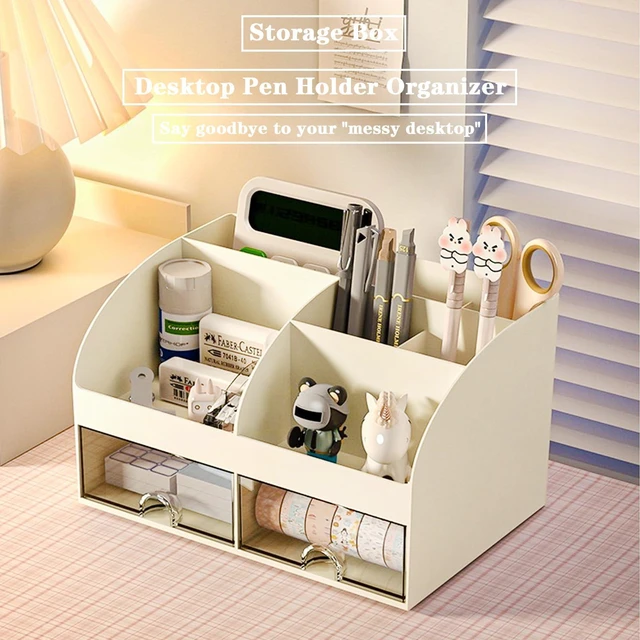 Alt view image 4 of 6 - Desk Organizer with 6 Compartments and 2 Drawers, Plastic Makeup Organizer, Pen Holder for Desktop Storage, Desk Organization for School, Home, Office Supplies (Ivory)